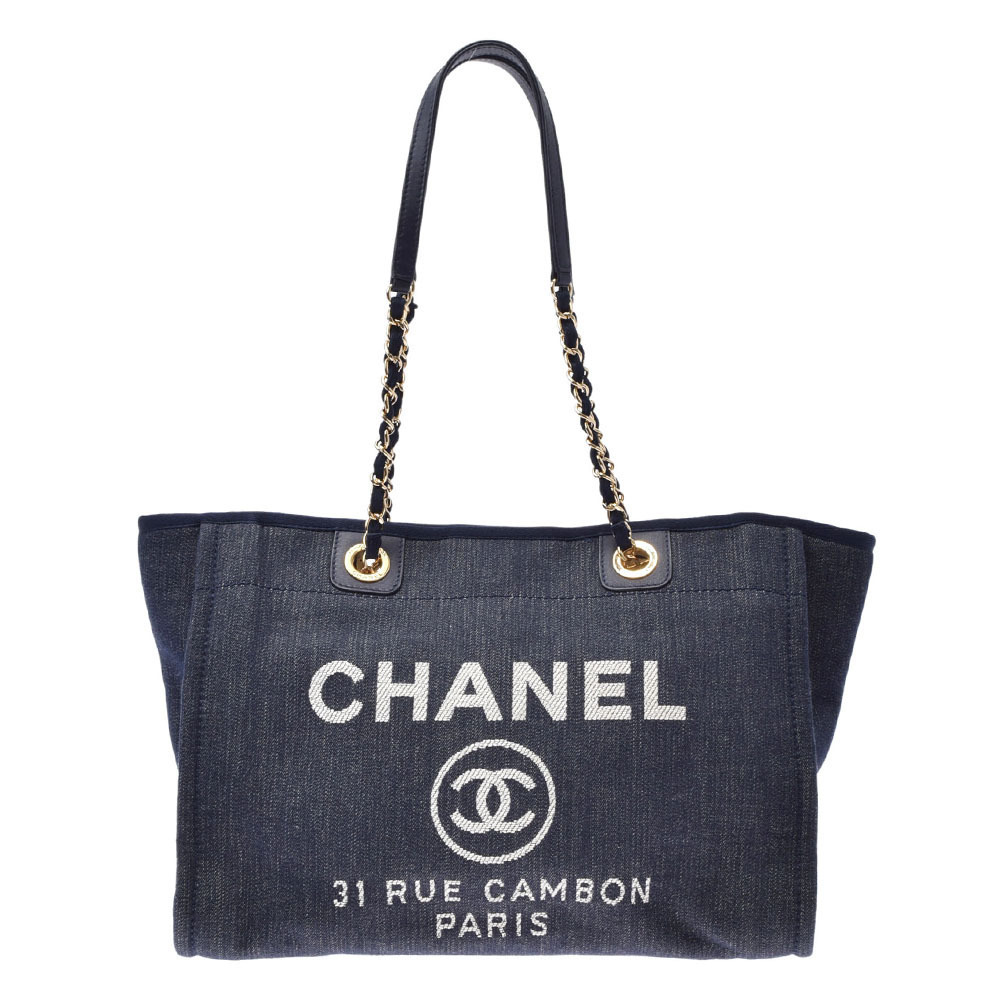 CHANEL Deauville Tote Navy Blue Leather Denim Bag